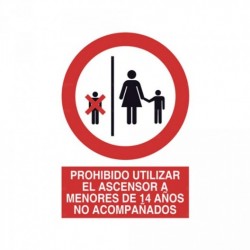 Señal Prohibido utilizar el ascensor a menores de 14 años no acompañados
